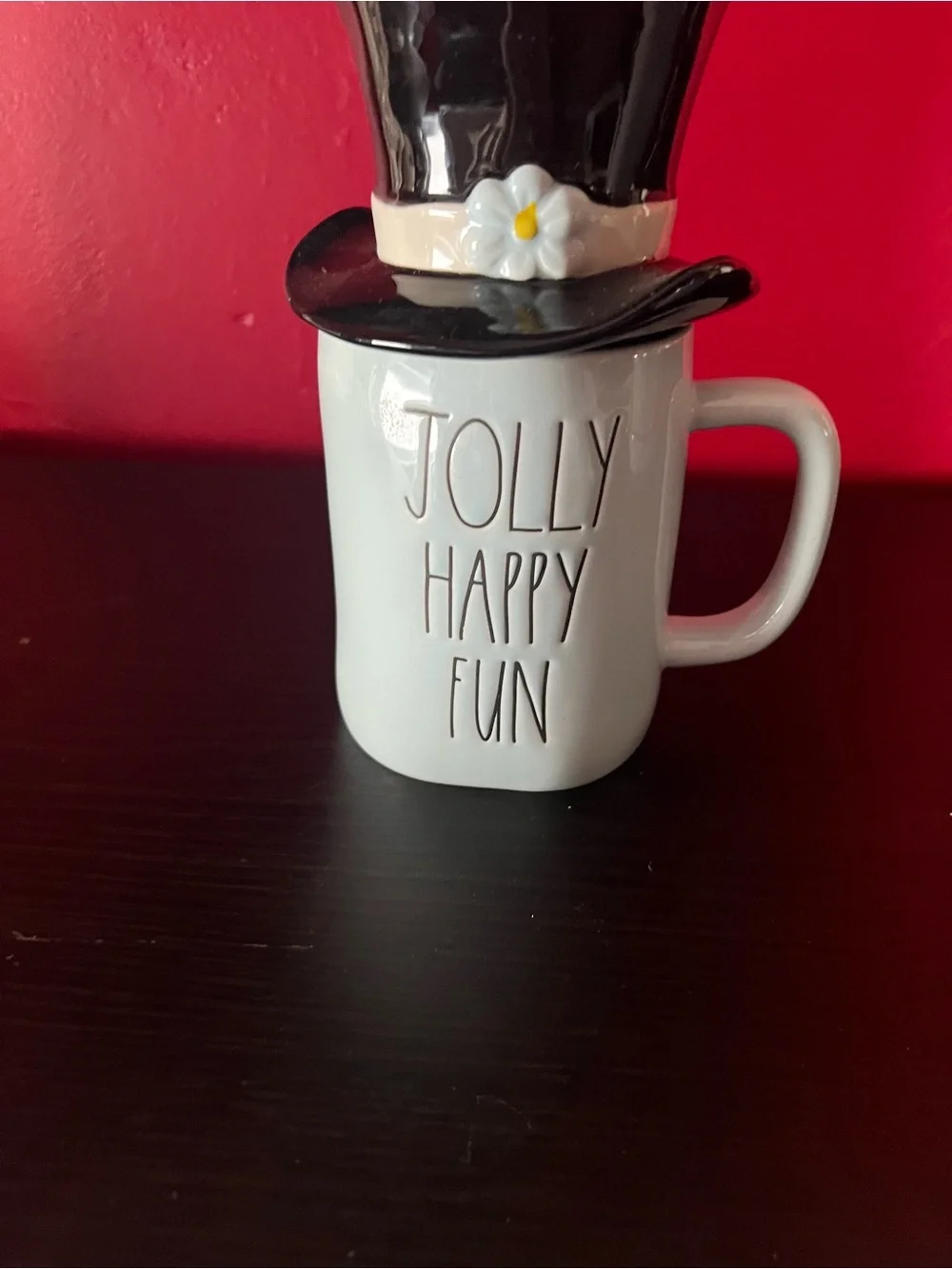 Rae Dunn blueish white Jolly Happy Fun' Ceramic Mug with Black Hat Lid